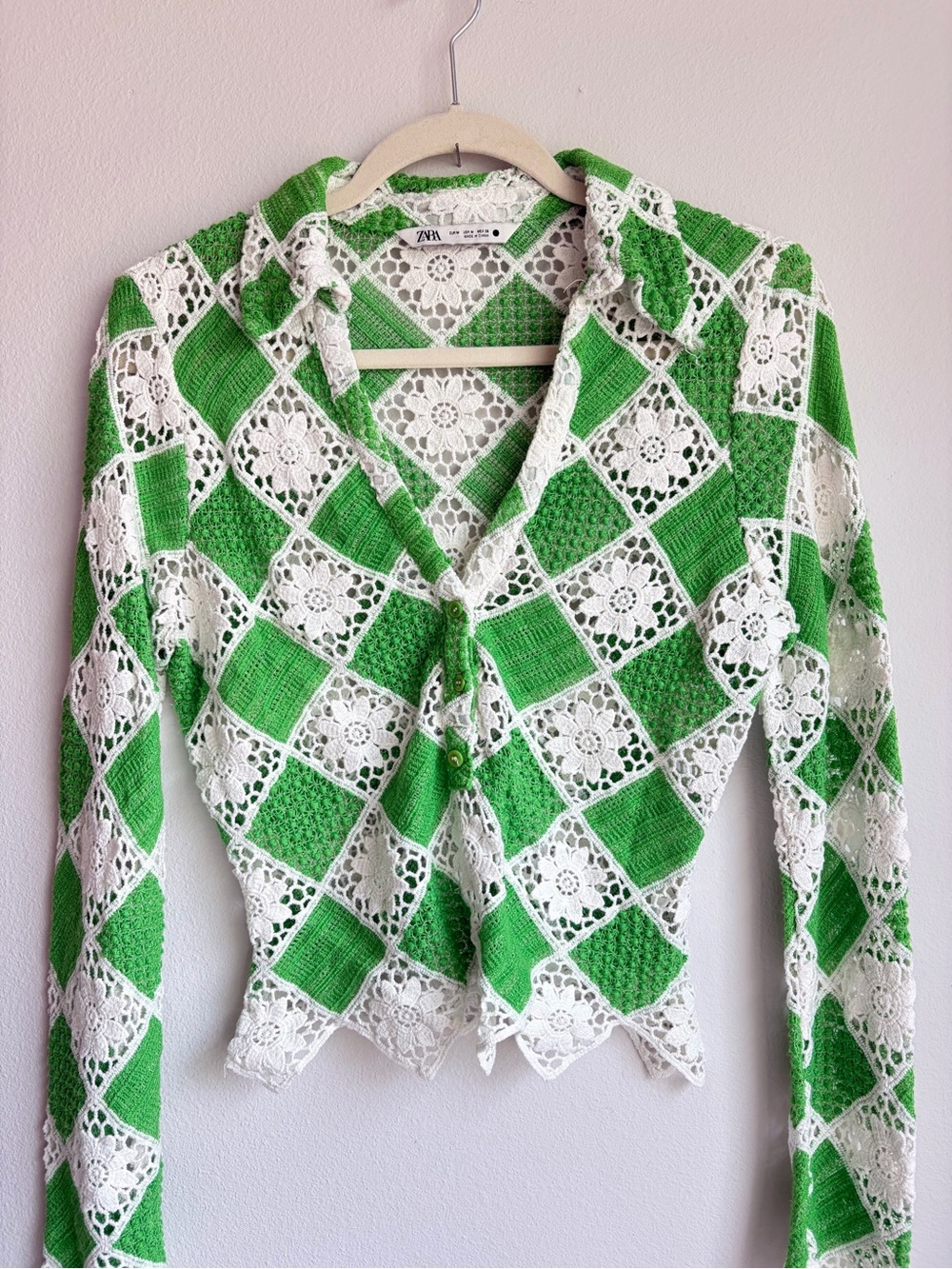 Zara Green and White Crochet Diamond Top
